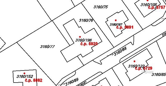 Chomutov 5920 na parcele st. 3160/198 v KÚ Chomutov II, Katastrální mapa