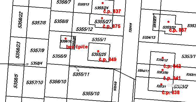 Střelice 849 na parcele st. 5355/25 v KÚ Střelice u Brna, Katastrální mapa