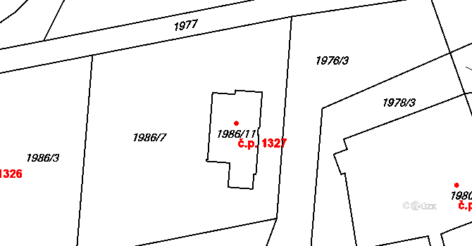 Lyžbice 1327, Třinec na parcele st. 1986/11 v KÚ Lyžbice, Katastrální mapa