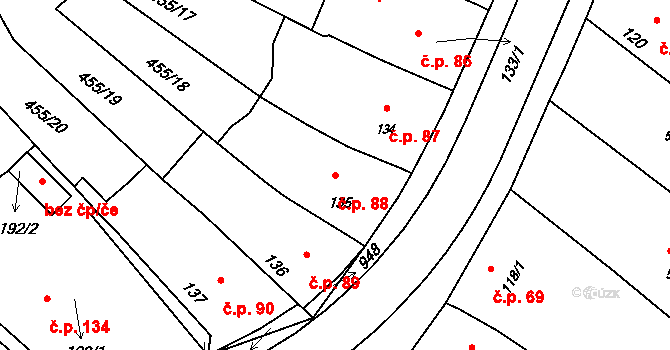Lužany 88 na parcele st. 135 v KÚ Lužany u Přeštic, Katastrální mapa