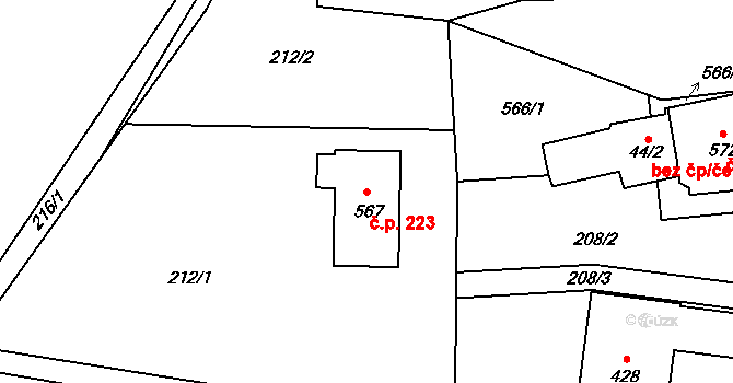 Dražkovice 223, Pardubice na parcele st. 567 v KÚ Dražkovice, Katastrální mapa