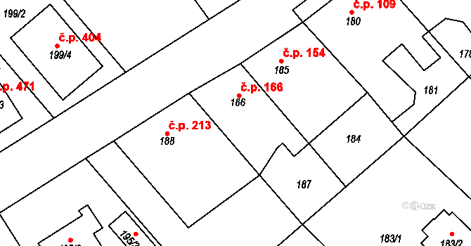 Zruč 166, Zruč-Senec na parcele st. 186 v KÚ Zruč, Katastrální mapa