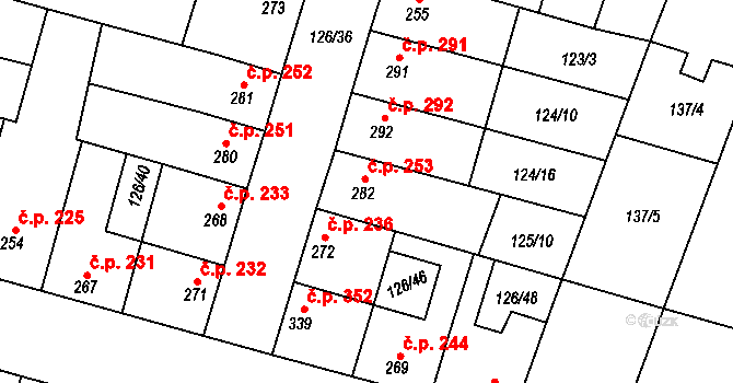 Lenešice 253 na parcele st. 282 v KÚ Lenešice, Katastrální mapa