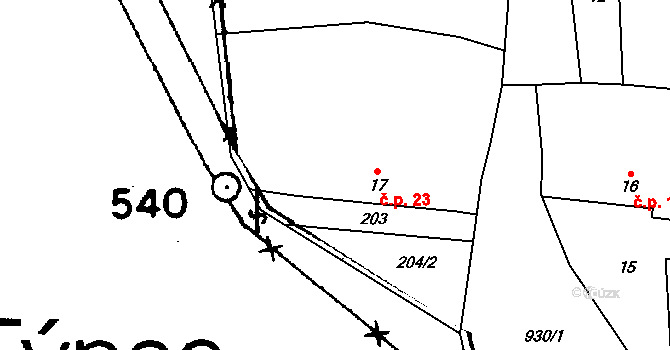 Týnec 23, Chotěšov na parcele st. 17 v KÚ Týnec u Chotěšova, Katastrální mapa