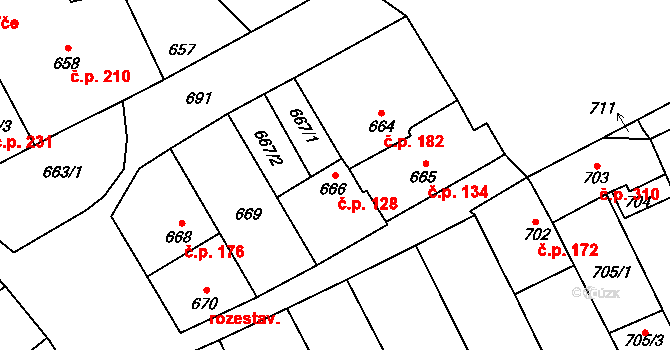 Lužice 128 na parcele st. 666 v KÚ Lužice u Hodonína, Katastrální mapa