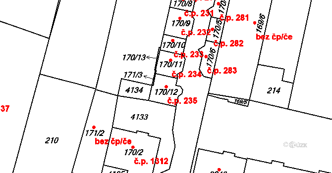 Kyjov 235 na parcele st. 170/12 v KÚ Kyjov, Katastrální mapa