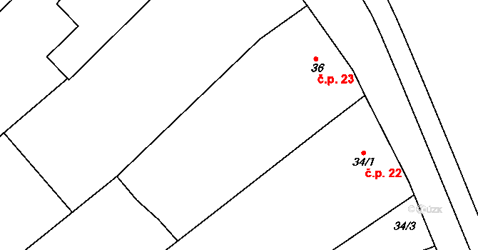 Dědice 23, Vyškov na parcele st. 36 v KÚ Dědice u Vyškova, Katastrální mapa