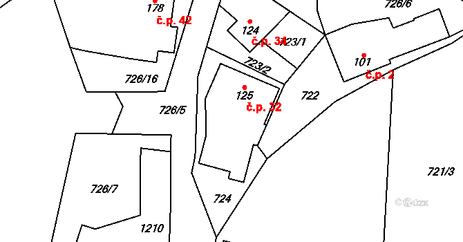 Semínova Lhota 32, Újezd pod Troskami na parcele st. 125 v KÚ Újezd pod Troskami, Katastrální mapa