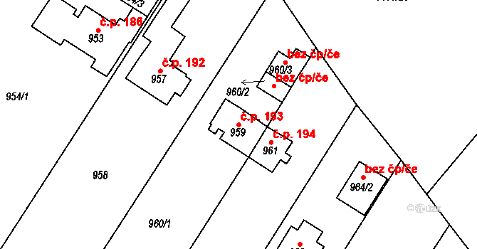 Proboštov 193 na parcele st. 959 v KÚ Proboštov u Teplic, Katastrální mapa