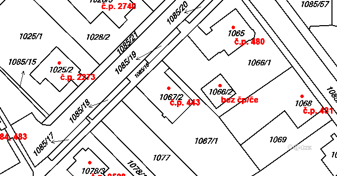 Frýdek 443, Frýdek-Místek na parcele st. 1067/2 v KÚ Frýdek, Katastrální mapa