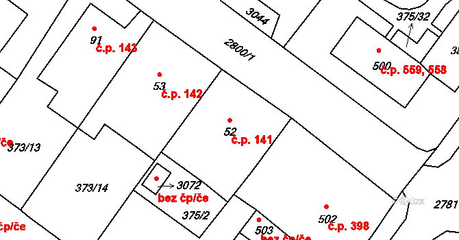 Plzeňské Předměstí 141, Rokycany na parcele st. 52 v KÚ Rokycany, Katastrální mapa