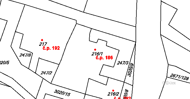 Černilov 186 na parcele st. 216/1 v KÚ Černilov, Katastrální mapa