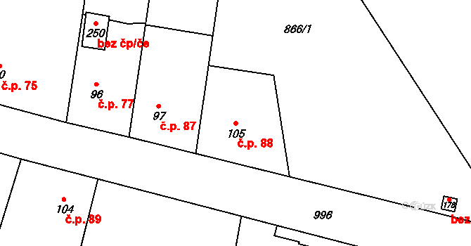 Zavidov 88 na parcele st. 105 v KÚ Zavidov, Katastrální mapa