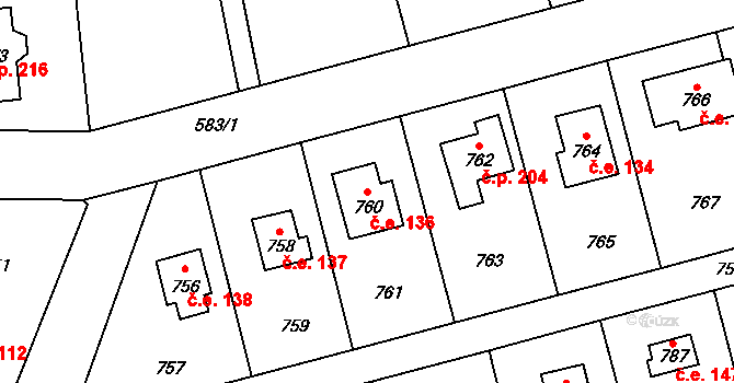 Točná 136, Praha na parcele st. 760 v KÚ Točná, Katastrální mapa