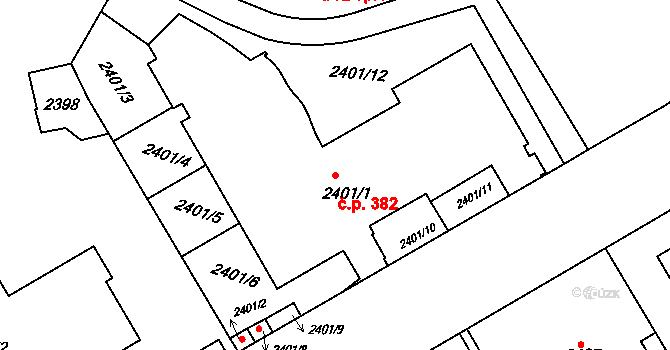 Smíchov 382, Praha na parcele st. 2401/1 v KÚ Smíchov, Katastrální mapa