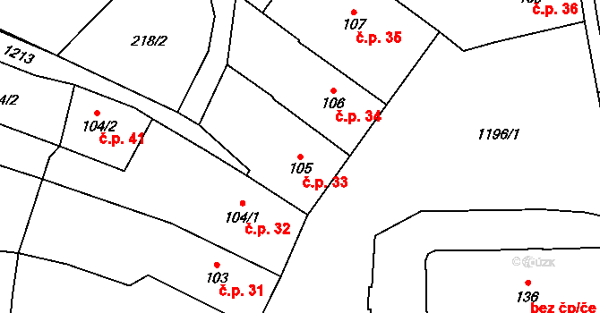 Pilníkov 33 na parcele st. 105 v KÚ Pilníkov I, Katastrální mapa