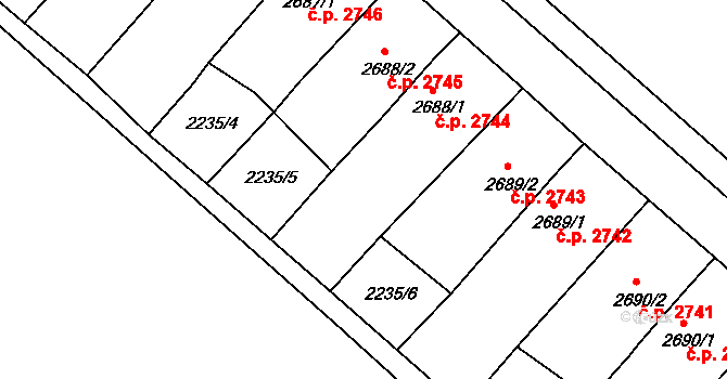 Hodonín 2744 na parcele st. 2688/1 v KÚ Hodonín, Katastrální mapa