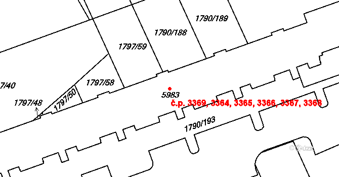 Hodonín 3364,3365,3366,3367, na parcele st. 5983 v KÚ Hodonín, Katastrální mapa