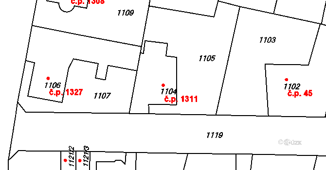 Česká Lípa 1311 na parcele st. 1104 v KÚ Česká Lípa, Katastrální mapa