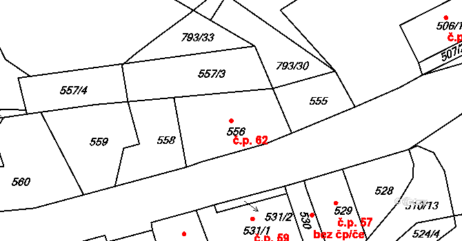 Březenec 62, Jirkov na parcele st. 556 v KÚ Březenec, Katastrální mapa
