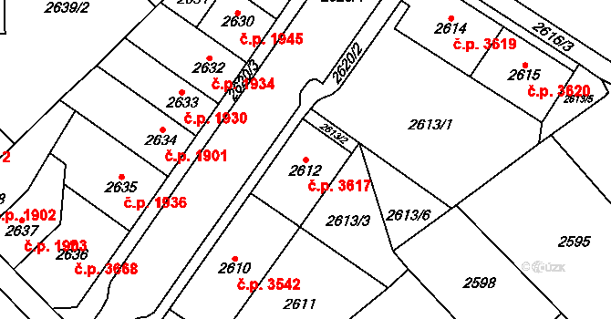 Chomutov 3617 na parcele st. 2612 v KÚ Chomutov I, Katastrální mapa