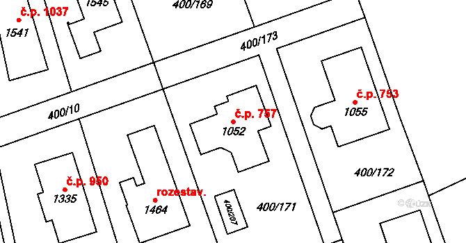 Horoměřice 757 na parcele st. 1052 v KÚ Horoměřice, Katastrální mapa