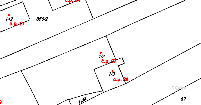 Keblov 87 na parcele st. 1/2 v KÚ Keblov, Katastrální mapa