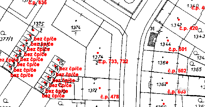 Poděbrady II 732,733, Poděbrady na parcele st. 1374/2 v KÚ Poděbrady, Katastrální mapa