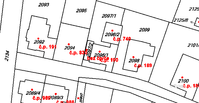 Jemnice 190 na parcele st. 2096/1 v KÚ Jemnice, Katastrální mapa