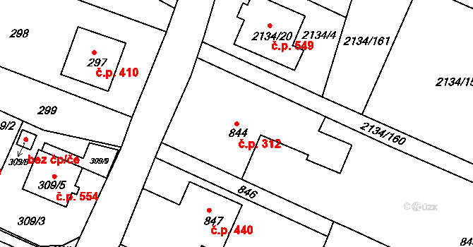 Krásné Pole 312, Ostrava na parcele st. 844 v KÚ Krásné Pole, Katastrální mapa