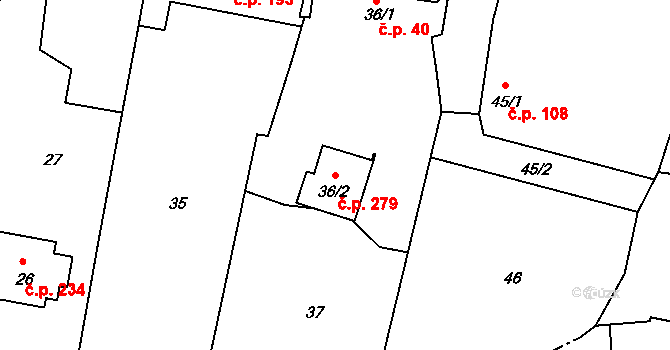 Lípa 279 na parcele st. 36/2 v KÚ Lípa nad Dřevnicí, Katastrální mapa