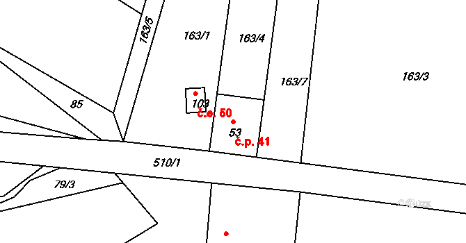 Pivonín 41, Zábřeh na parcele st. 53 v KÚ Pivonín, Katastrální mapa