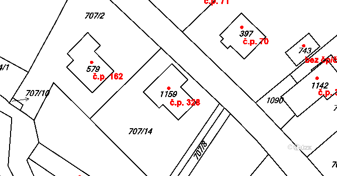 Měchenice 328 na parcele st. 1159 v KÚ Měchenice, Katastrální mapa