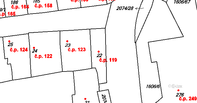 Merklín 119 na parcele st. 22 v KÚ Merklín u Přeštic, Katastrální mapa