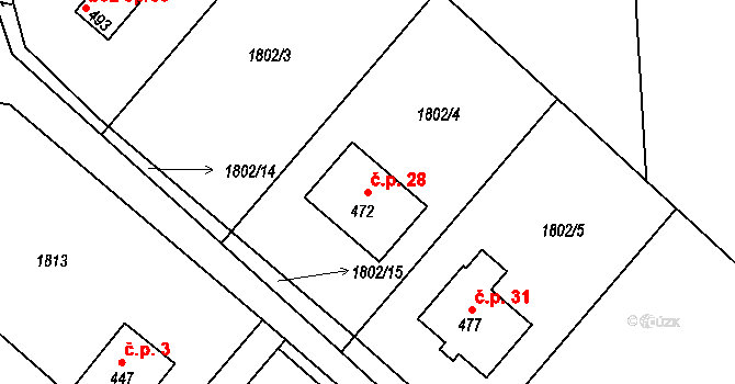 Krnalovice 28, Hukvaldy na parcele st. 472 v KÚ Rychaltice, Katastrální mapa