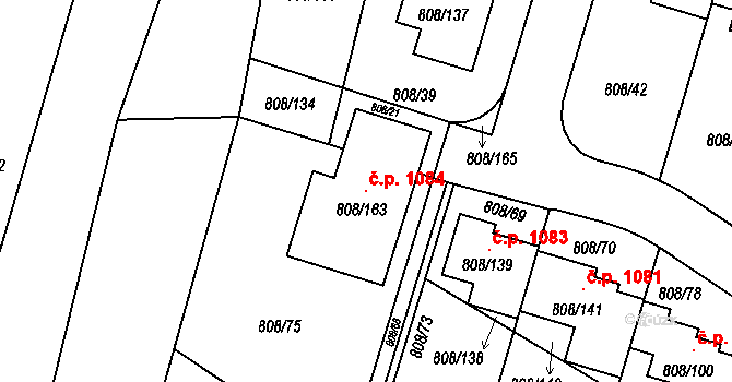 Srubec 1084 na parcele st. 808/163 v KÚ Srubec, Katastrální mapa