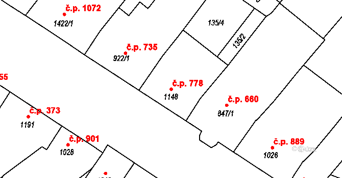 Velké Bílovice 778 na parcele st. 1148/1 v KÚ Velké Bílovice, Katastrální mapa