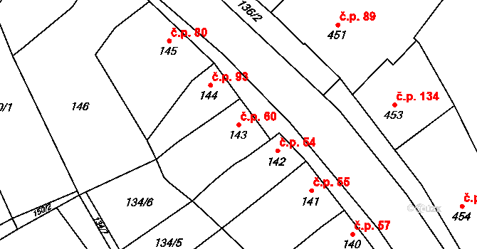 Přerov VI-Újezdec 60, Přerov na parcele st. 143 v KÚ Újezdec u Přerova, Katastrální mapa