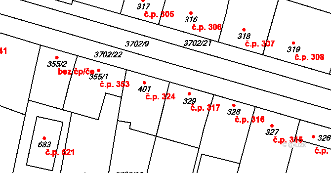 Kamenice 317 na parcele st. 329 v KÚ Kamenice u Jihlavy, Katastrální mapa