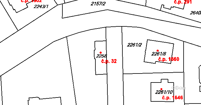 Roztoky 32 na parcele st. 2258 v KÚ Roztoky u Prahy, Katastrální mapa