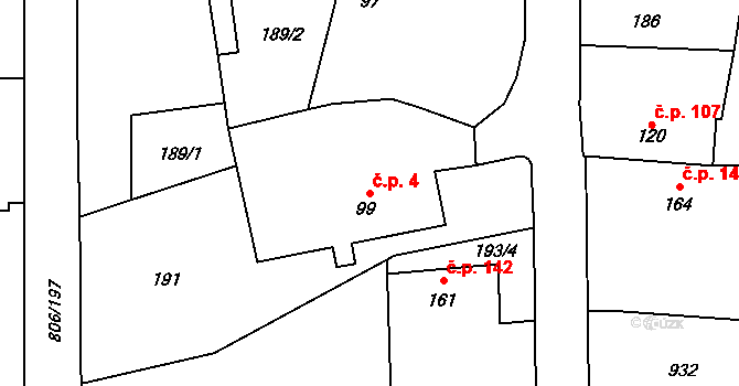 Ostřešany 4 na parcele st. 99 v KÚ Ostřešany, Katastrální mapa