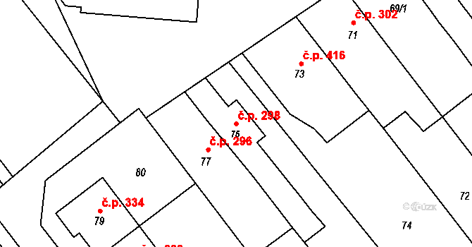 Šaratice 298 na parcele st. 75 v KÚ Šaratice, Katastrální mapa