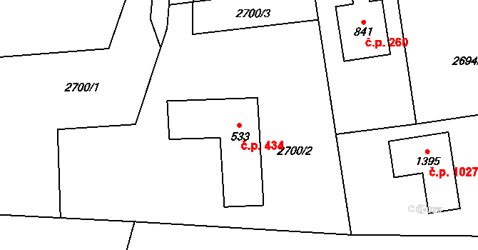 Kozlovice 434 na parcele st. 533 v KÚ Kozlovice, Katastrální mapa