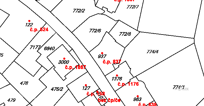 Kraslice 837 na parcele st. 937 v KÚ Kraslice, Katastrální mapa