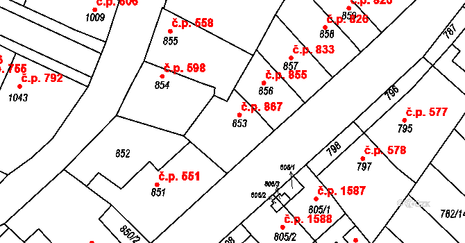 Tachov 867 na parcele st. 853 v KÚ Tachov, Katastrální mapa