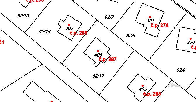 Chuchelna 287 na parcele st. 406 v KÚ Chuchelna, Katastrální mapa