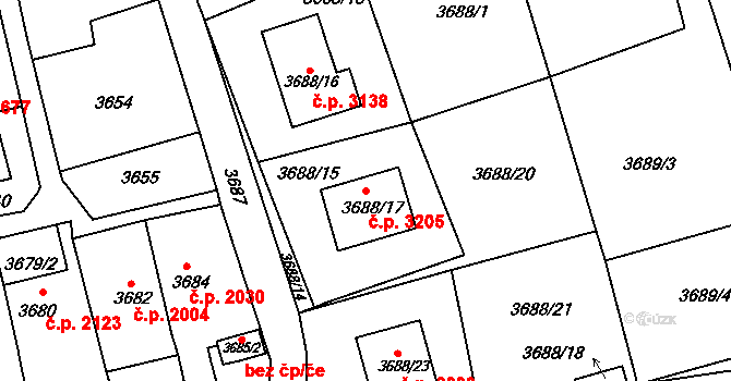 Ústí nad Labem-centrum 3205, Ústí nad Labem na parcele st. 3688/17 v KÚ Ústí nad Labem, Katastrální mapa