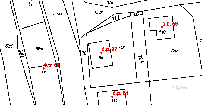 Hořešovičky 37 na parcele st. 98 v KÚ Hořešovičky, Katastrální mapa