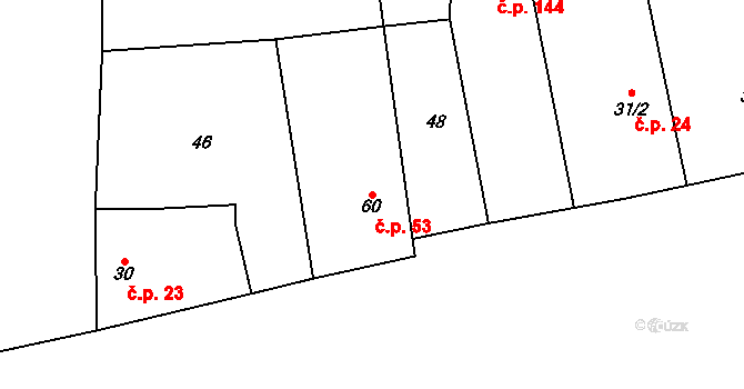 Přední Lhota 53, Poděbrady na parcele st. 60 v KÚ Přední Lhota u Poděbrad, Katastrální mapa