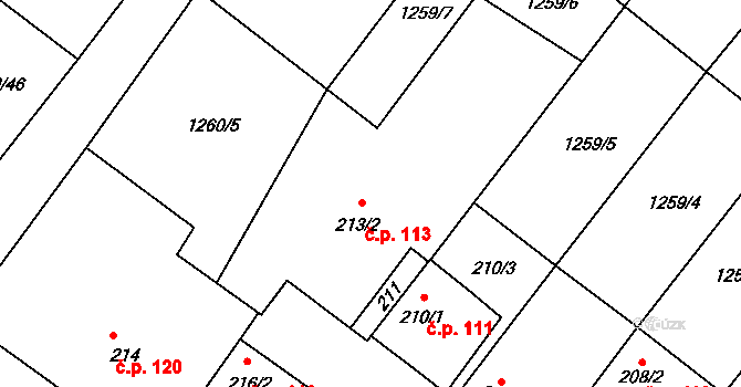 Myslibořice 113 na parcele st. 213/2 v KÚ Myslibořice, Katastrální mapa